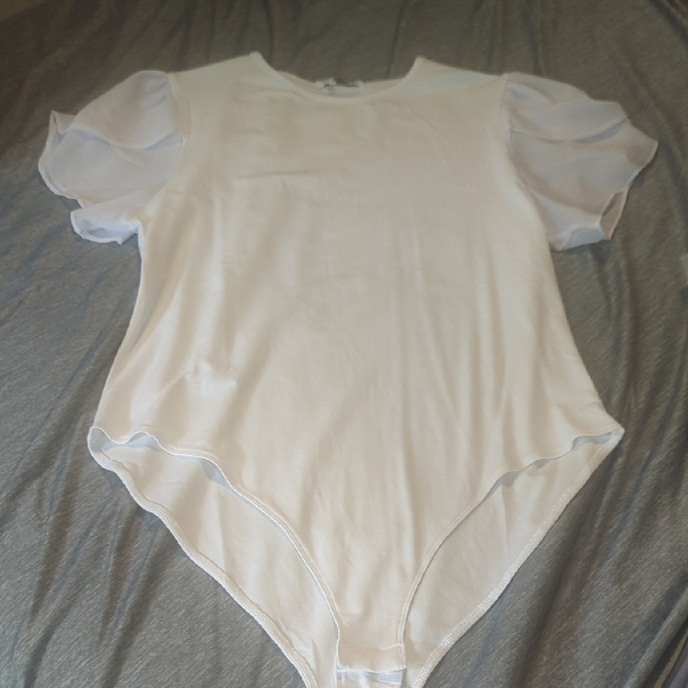Mango White Bodysuit with Sheer Sleeves